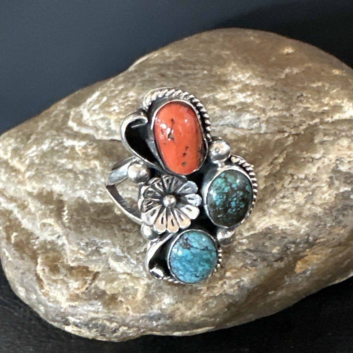 Multicolor Ring Turquoise Coral Spiny Navajo Sterling Silver Cluster Sz 10 19194