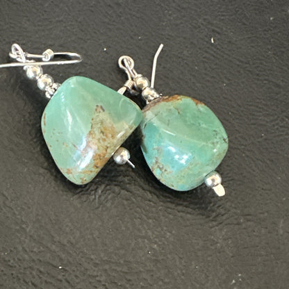 Green Turquoise Nugget Sterling Silver Beads Navajo Earrings 1" 17868