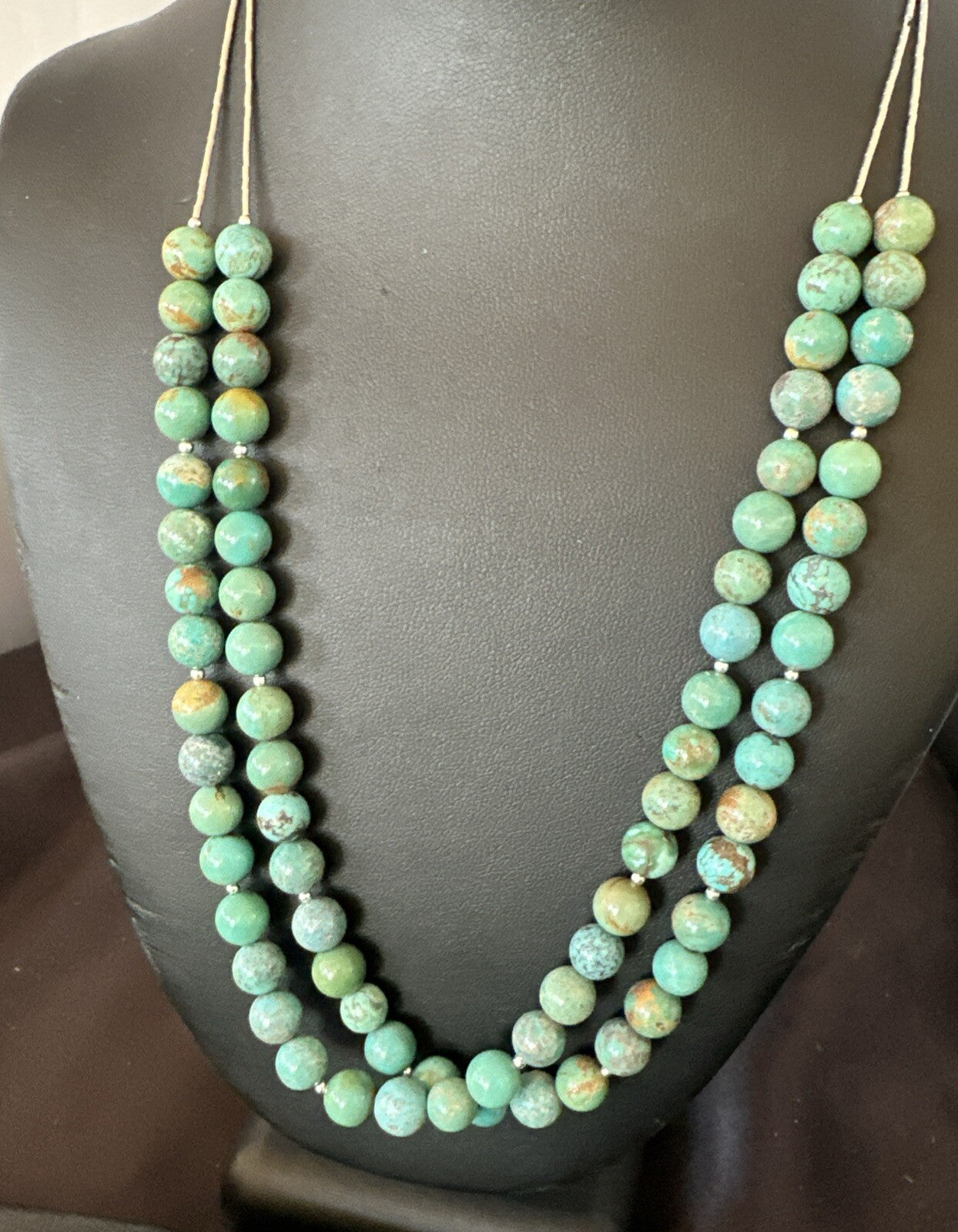 Sterling Silver Heishi Green Turquoise 2 Strands Bead Necklace 18788