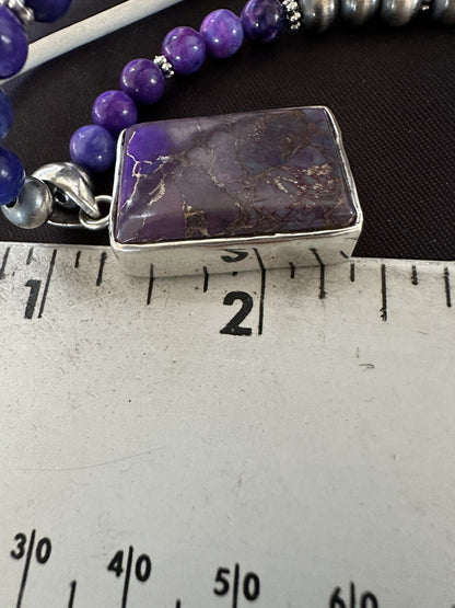 Purple Stone Turquoise Pendant Navajo Pearls Sterling Silver Necklace 18384