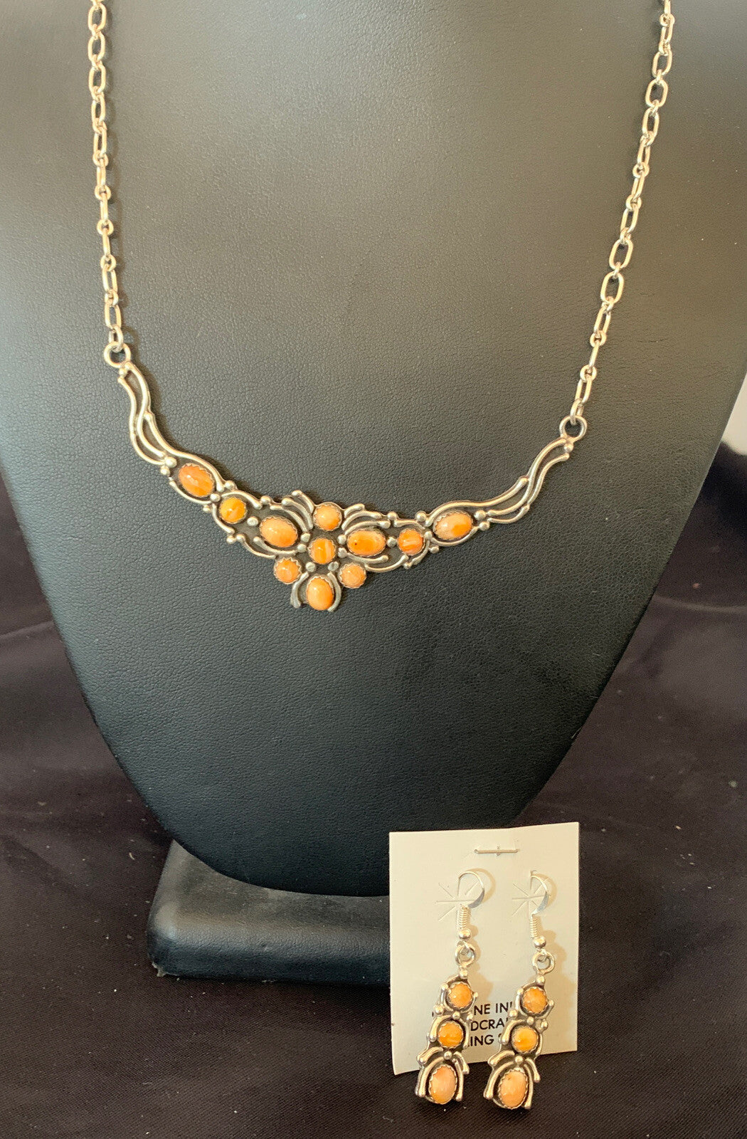 Orange Spiny Oyster Navajo Sterling Silver Necklace & Earrings 02102
