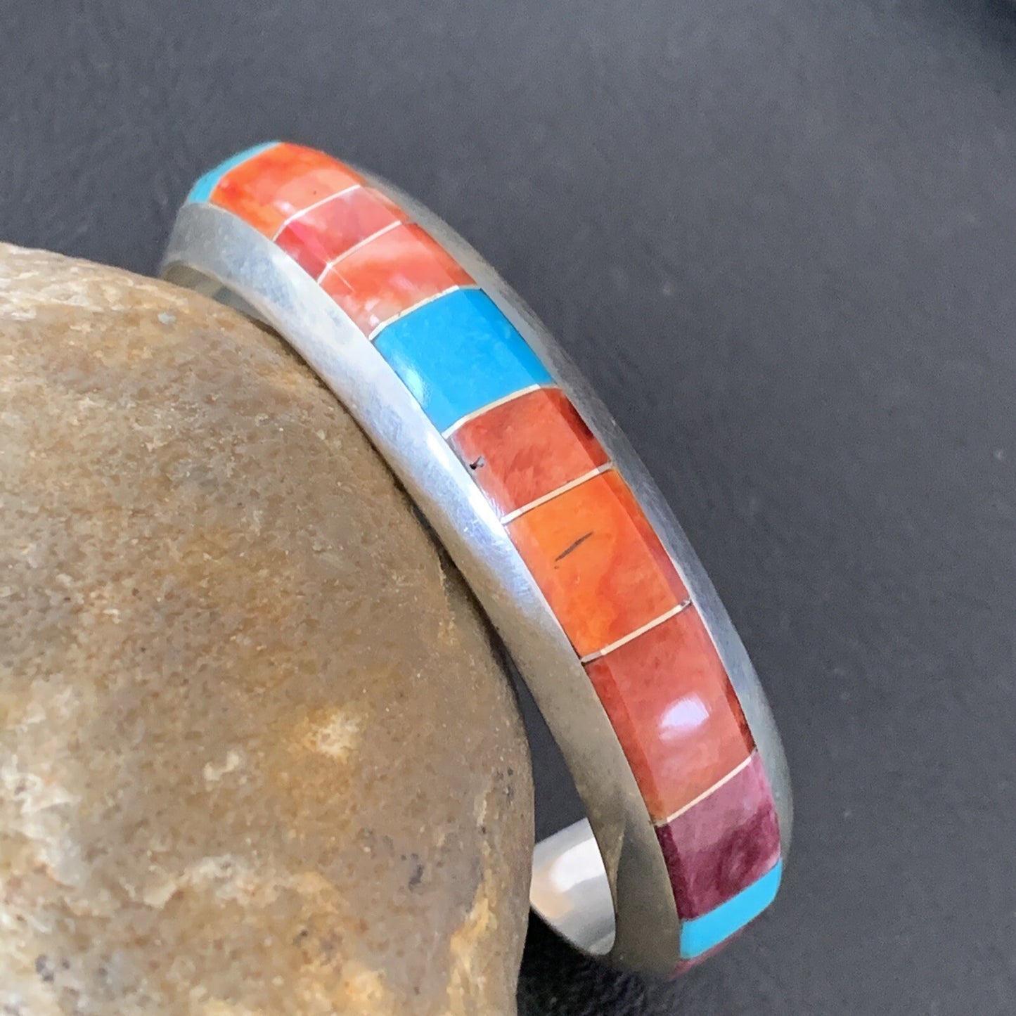 Mens Red Spiny & Turquoise Navajo Sterling Silver Inlay Bracelet 1647