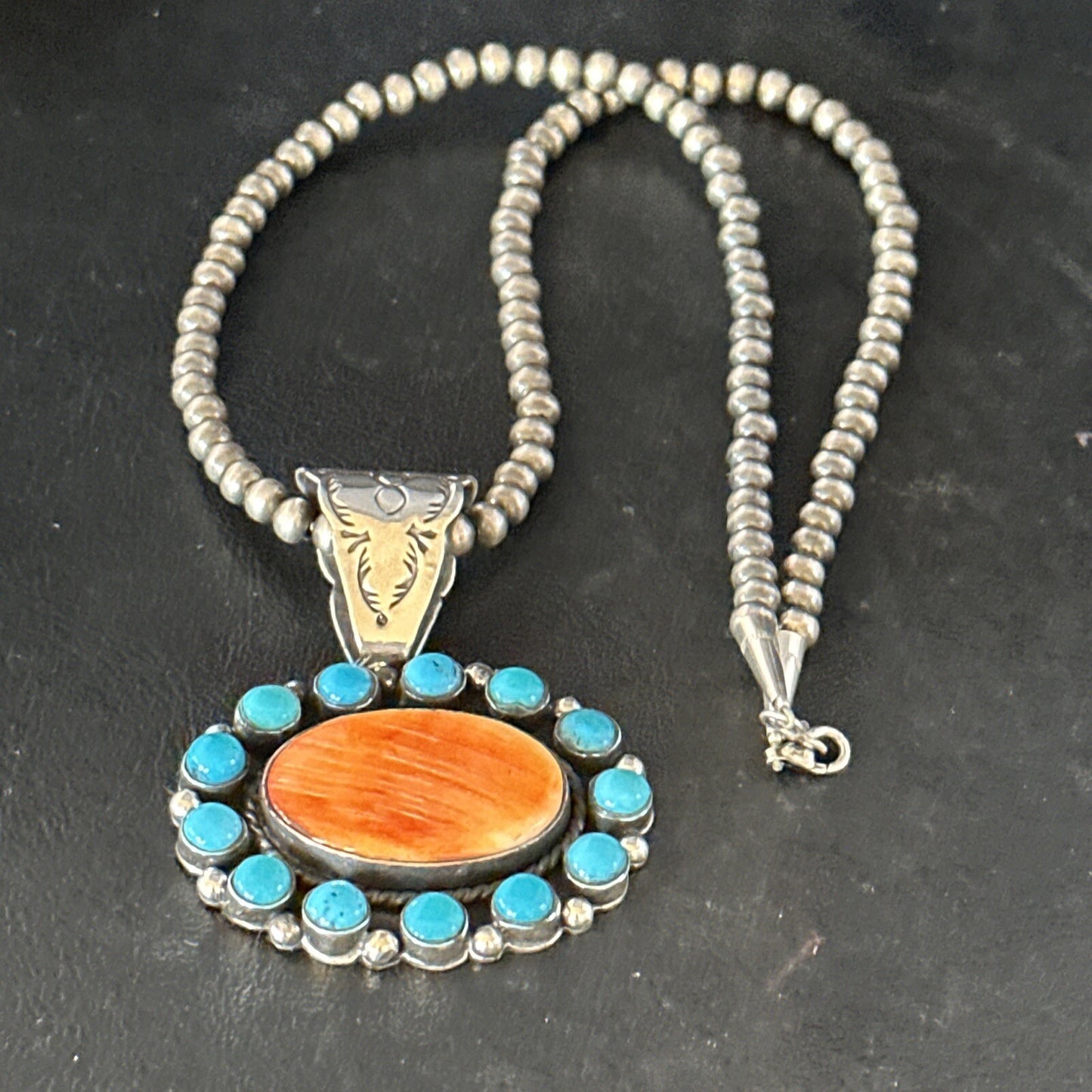Blue Cluster Kingman Turquoise Sterling Orange Spiny Oyster Pendant 14353