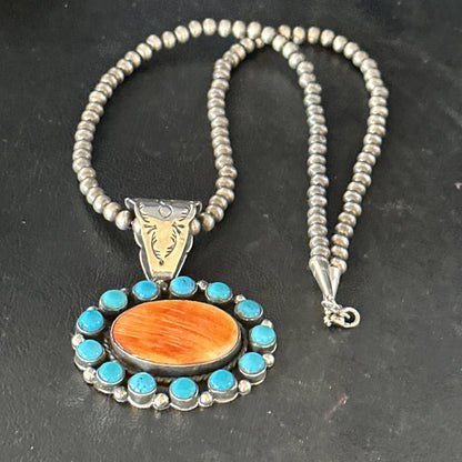 Blue Cluster Kingman Turquoise Sterling Orange Spiny Oyster Pendant 14353