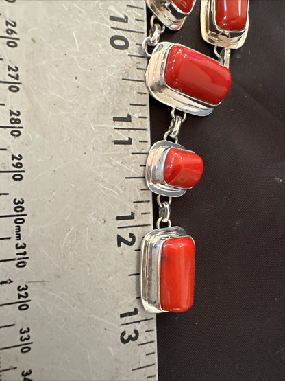 Handmade Women Red Coral Lariat Necklace Pendant Sterling Silver 19” 18410