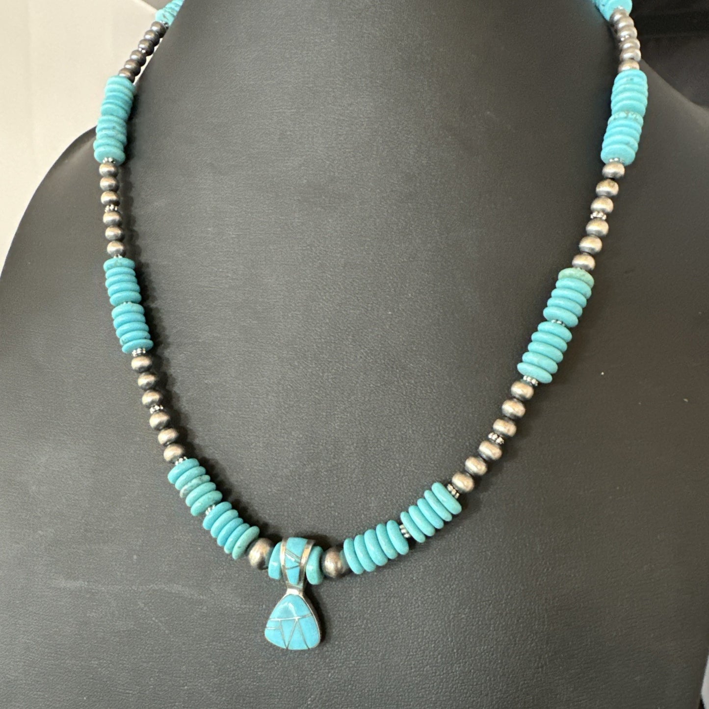 Blue Turquoise Inlay Pendant Navajo Sterling Silver Necklace 19513