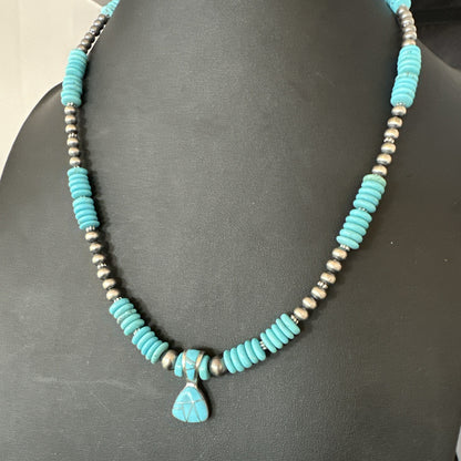 Blue Turquoise Inlay Pendant Navajo Sterling Silver Necklace 19513