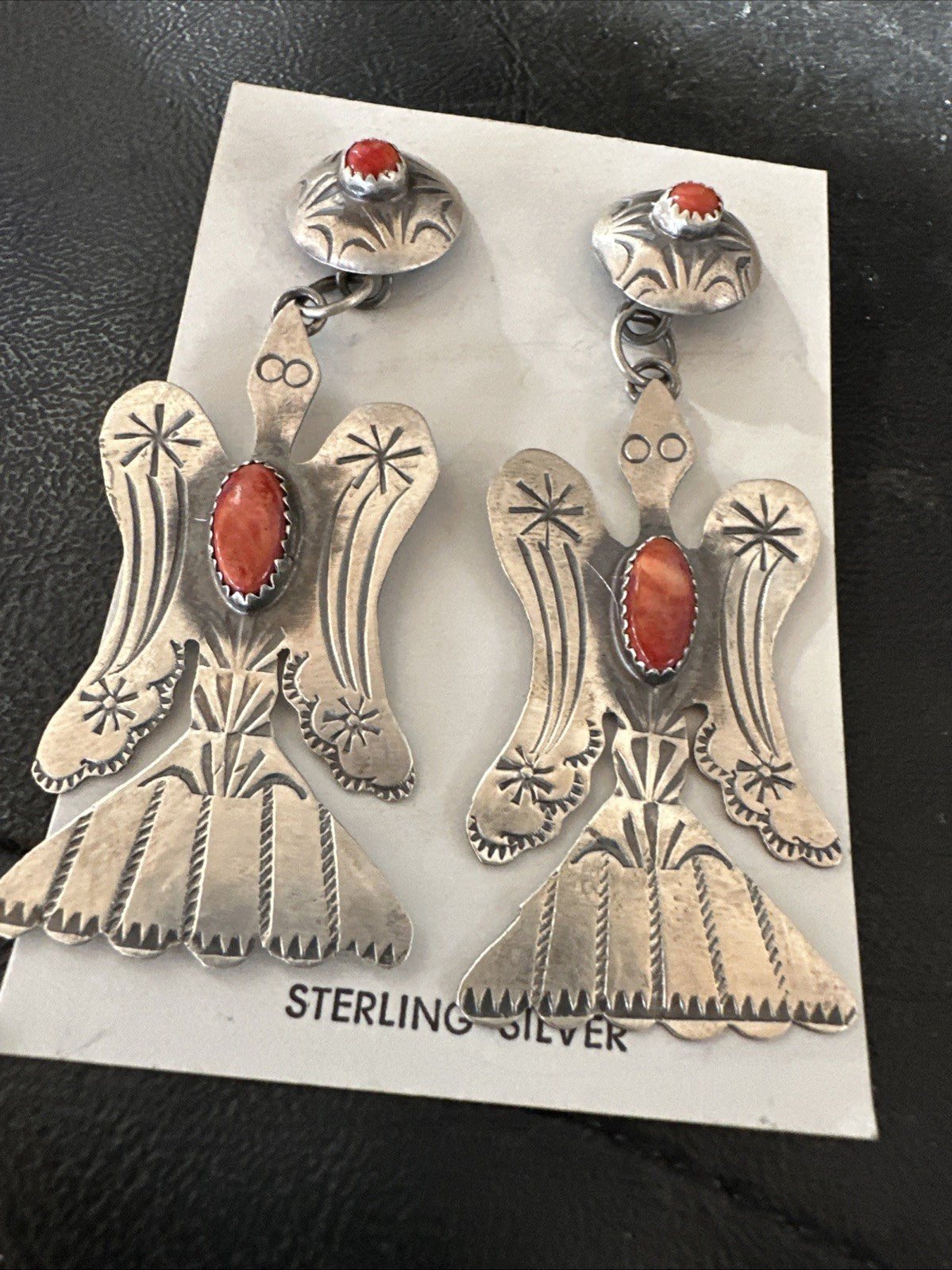 Thunderbird Navajo Womens Stamped Spiny Dangle Earrings Sterling Silver 19787
