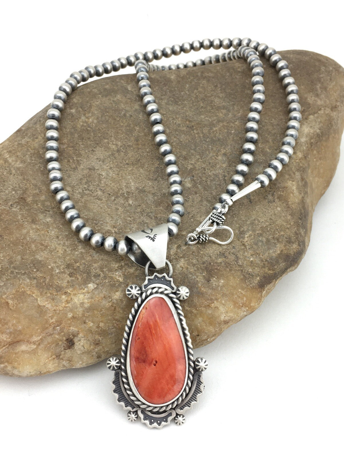 Orange Spiny Oyster Pendant Navajo Pearls Sterling Silver Necklace 1296
