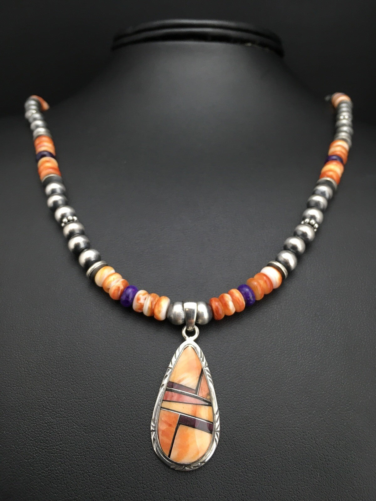 Spiny Oyster Pendant Purple Stone Navajo Pearls Sterling Silver Necklace 4879