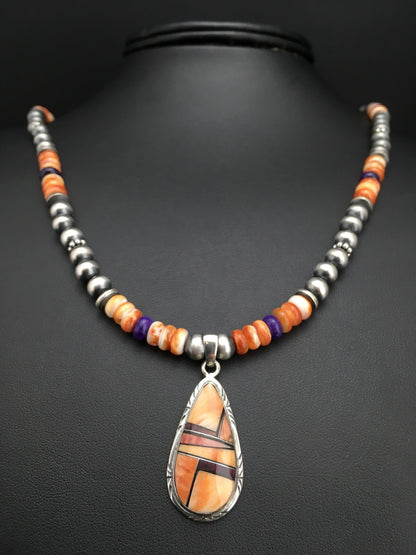 Spiny Oyster Pendant Purple Stone Navajo Pearls Sterling Silver Necklace 4879