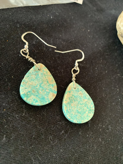 Navajo Sterling Silver Slab Turquoise Dangle Earrings 01357