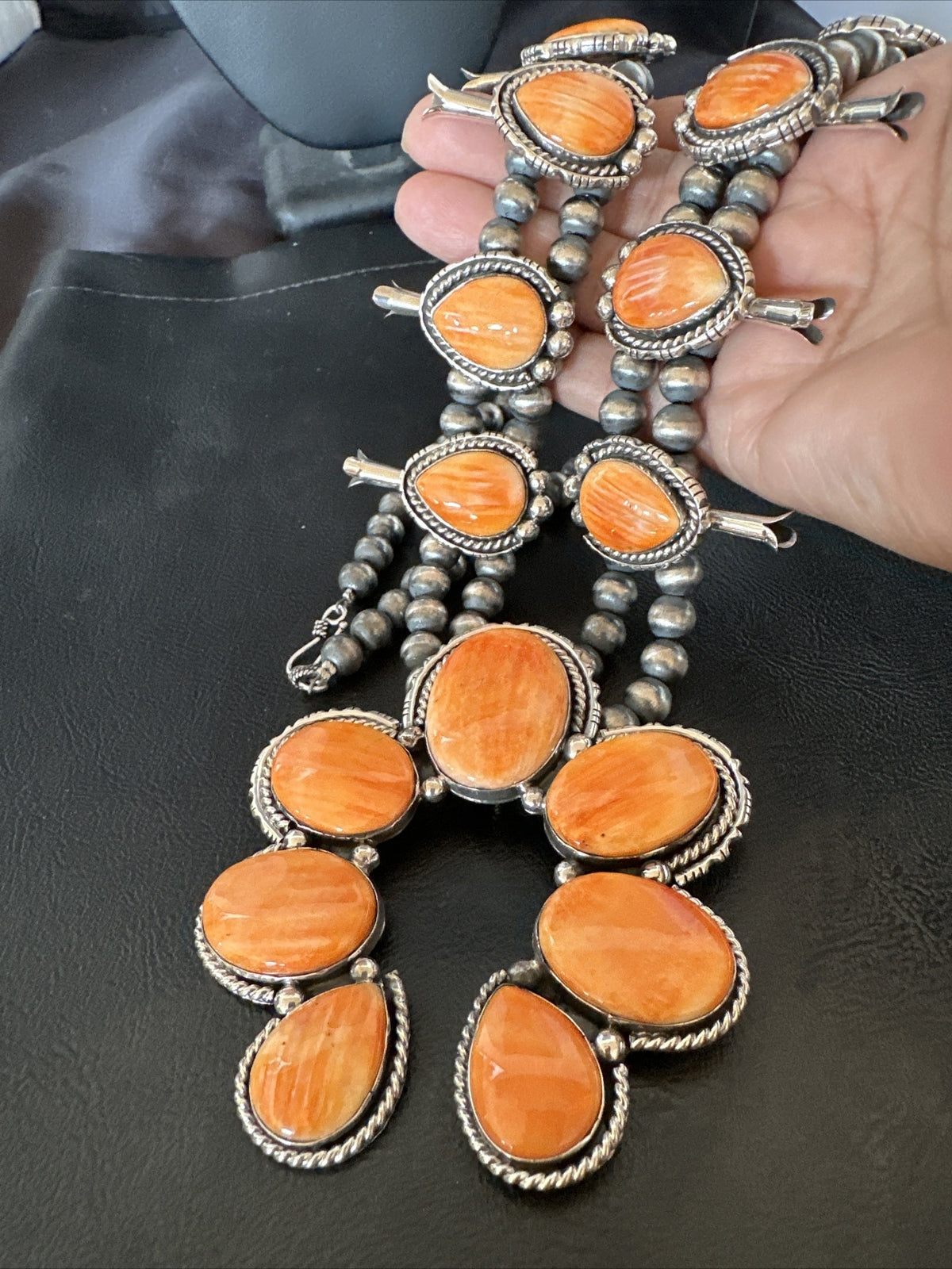 XL Orange Spiny Oyster Sterling Silver Squash Blossom Necklace 18134