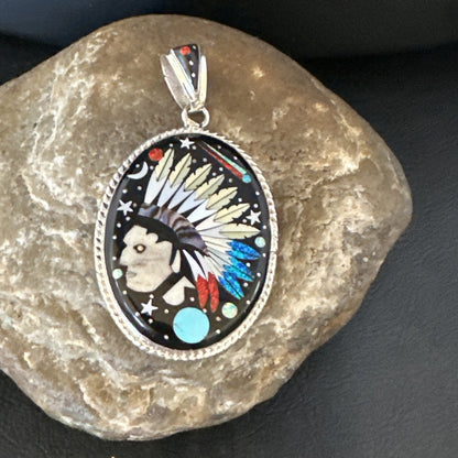 Turquoise Navajo Sterling Silver IndianHead MultiColor Inlay Pin Pendant 15156