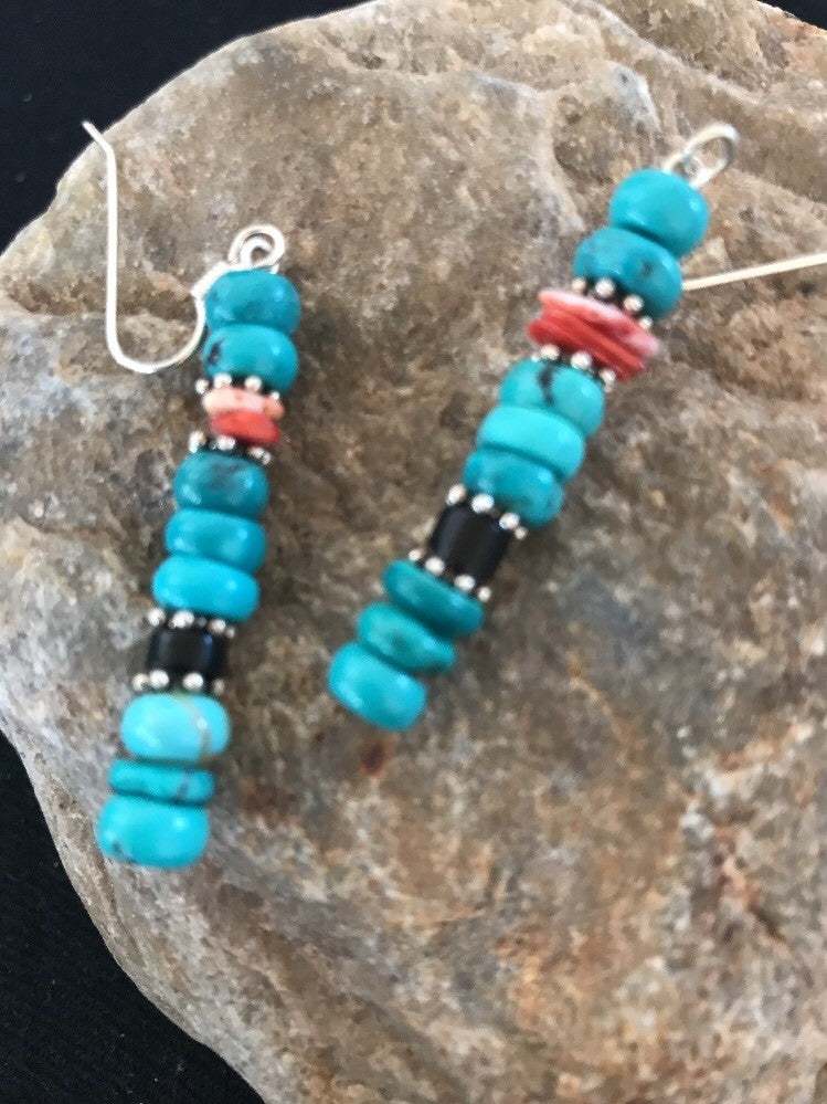 Blue Turquoise Red Spiny Oyster Sterling Silver Navajo Earrings