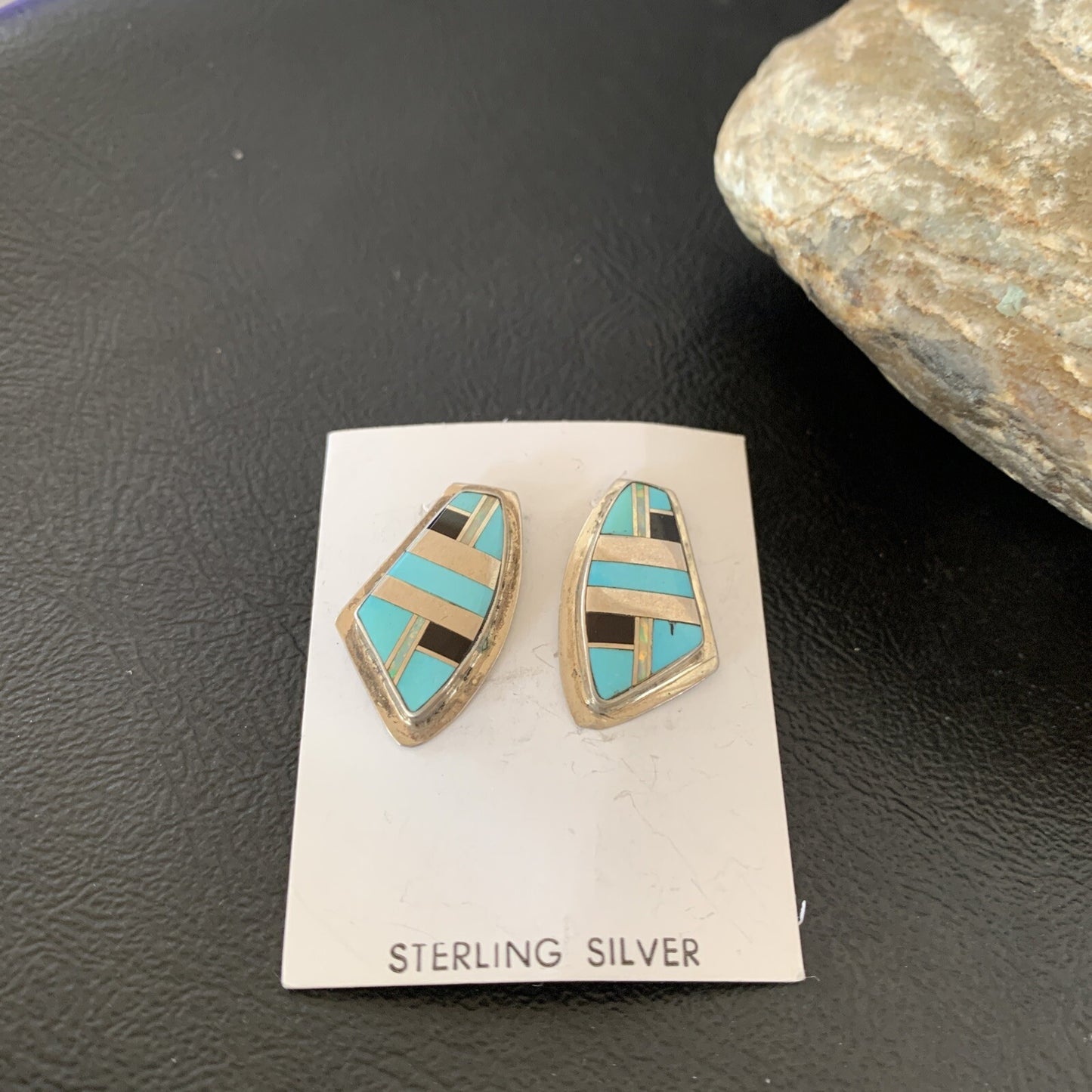 Turquoise & Onyx Inlay Zuni Sterling Silver Old Pawn Earrings 2042