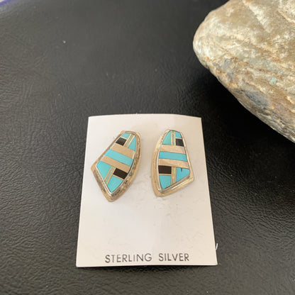 Turquoise & Onyx Inlay Zuni Sterling Silver Old Pawn Earrings 2042