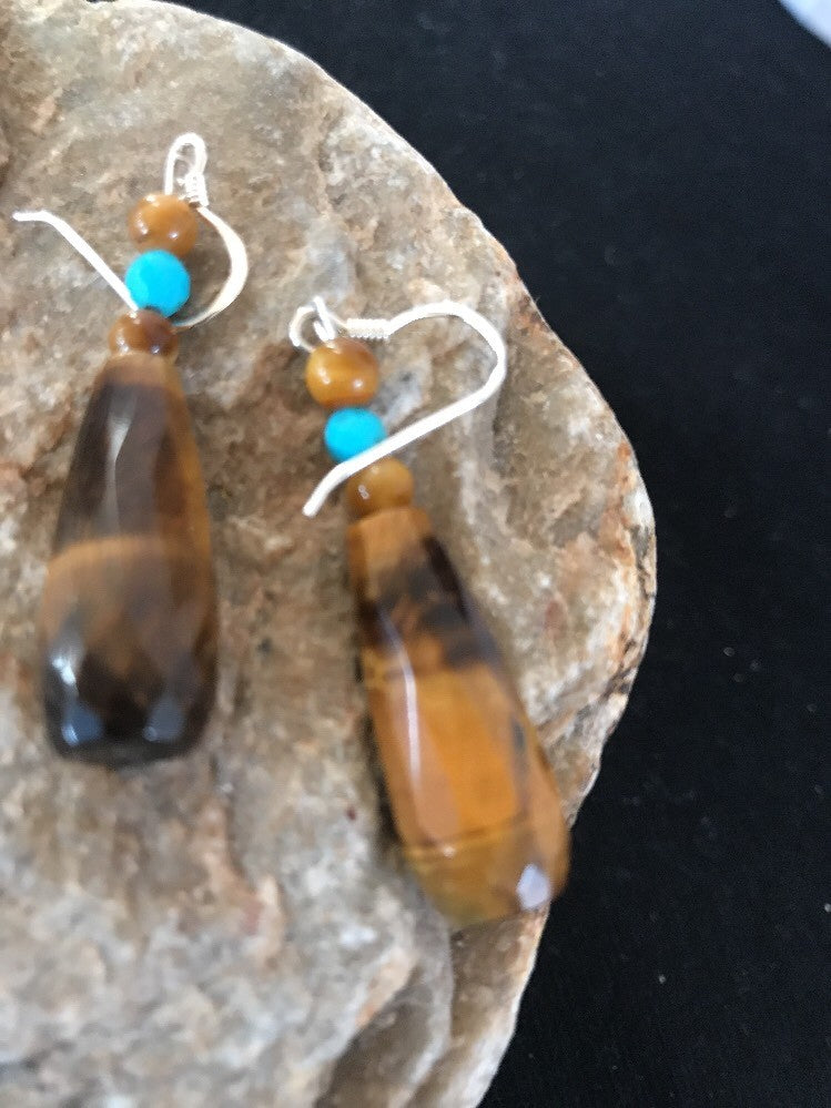 Tiger's Eyes Turquoise Faceted Navajo Sterling Silver Dangle Earrings 01995