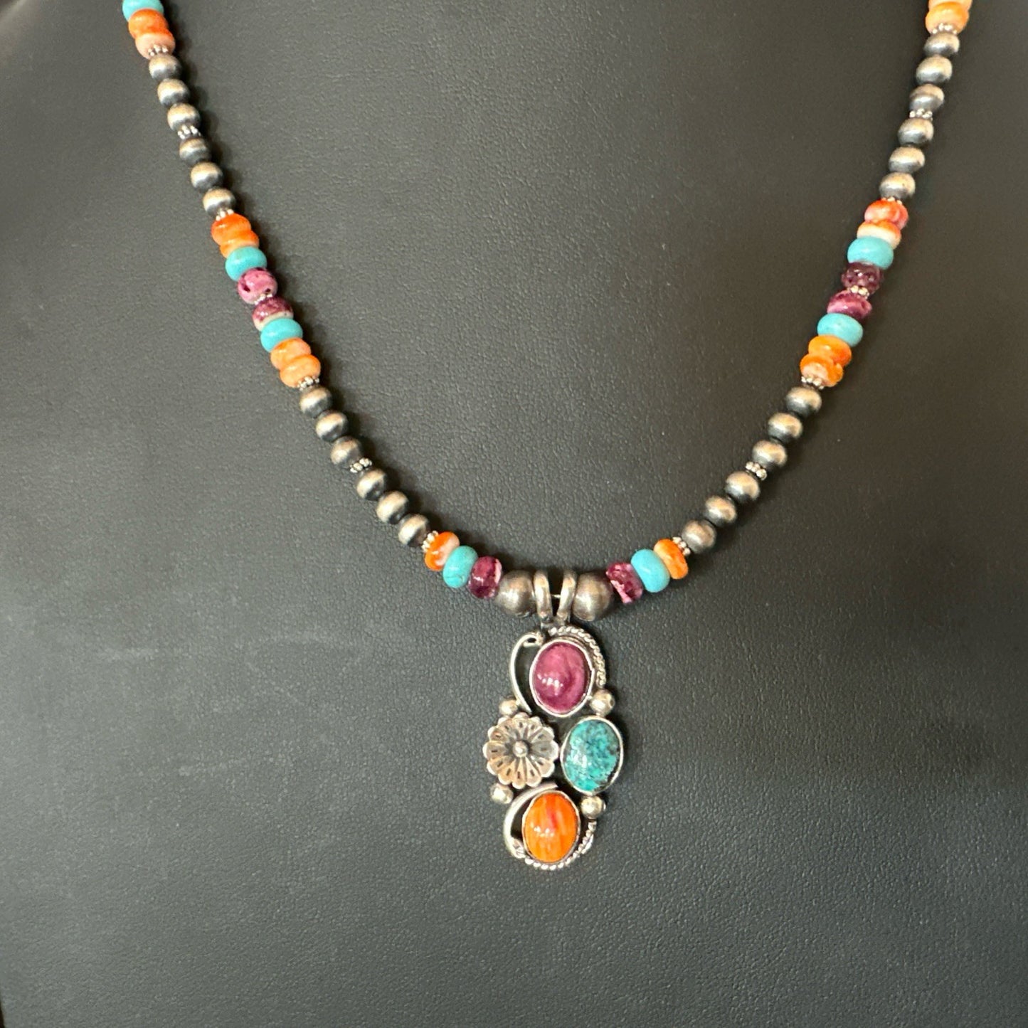 Multicolor Turquoise Spiny Navajo Sterling Silver Cluster Pendant Necklace 19642