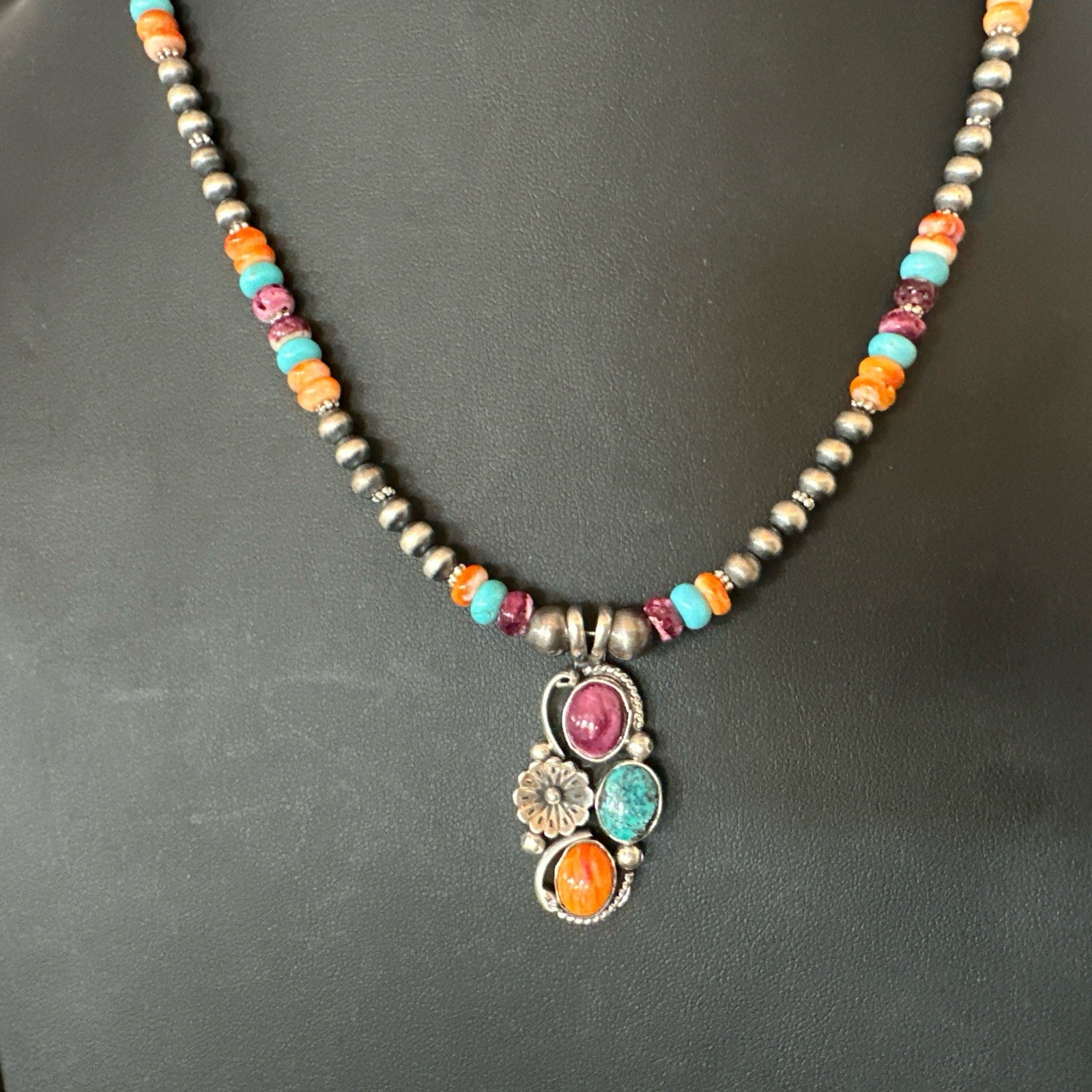 Multicolor Turquoise Spiny Navajo Sterling Silver Cluster Pendant Necklace 19642