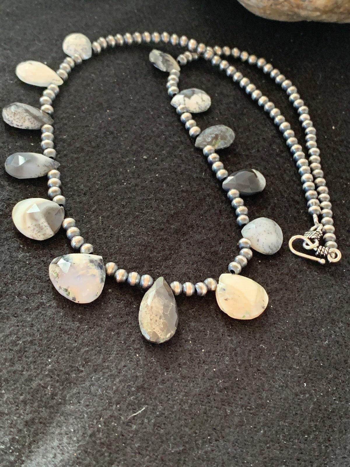 Black Rutile Opal Pear Shaped Navajo Pearls Sterling Silver Necklace 4088
