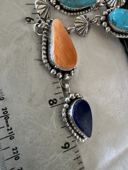Multicolor Spiny Lapis Pendant Navajo Sterling Silver Lariat Necklace 28" 19439