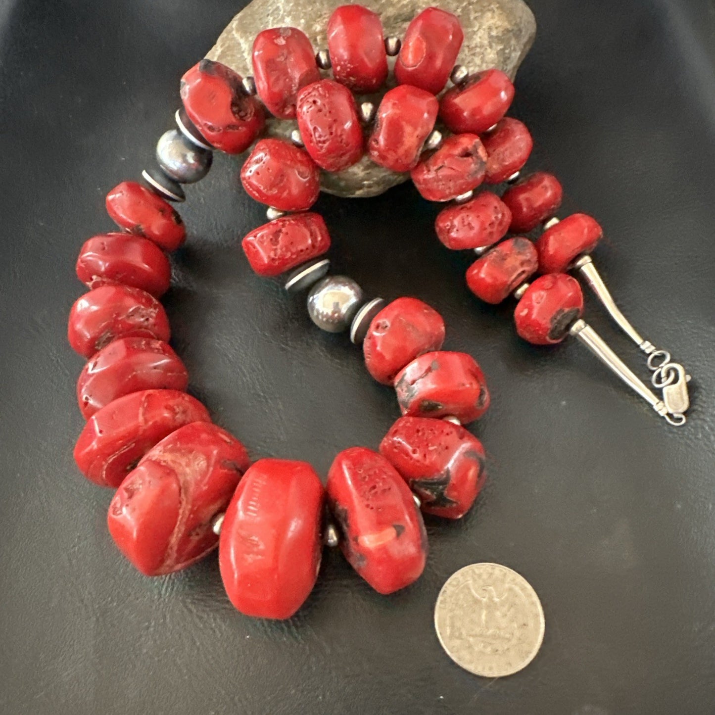 Chunky Navajo Red Bamboo Coral Sterling Silver Bead Necklace 24” Graduated 19530