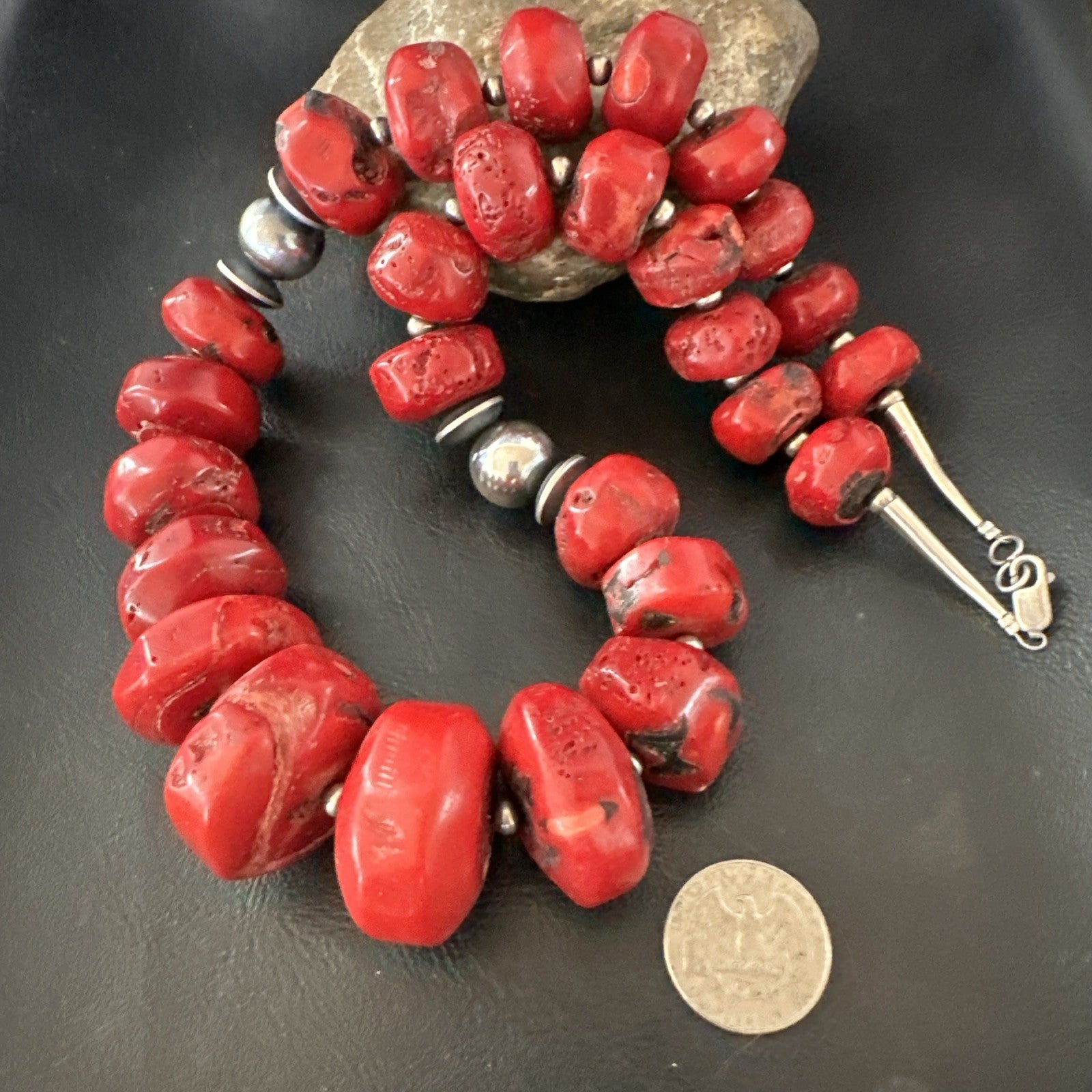 Chunky Navajo Red Bamboo Coral Sterling Silver Bead Necklace 24” Graduated 19530