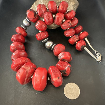 Chunky Navajo Red Bamboo Coral Sterling Silver Bead Necklace 24” Graduated 19530