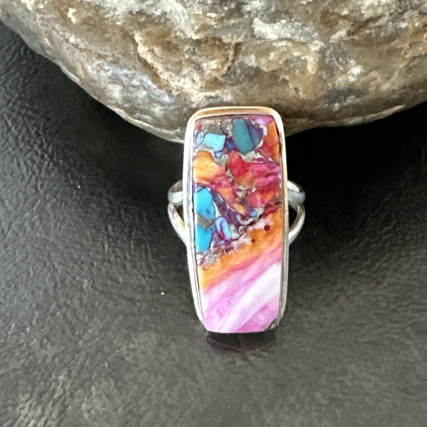 Blue Turquoise Spiny Oyster Navajo Sterling Silver Ring Size 6 18244