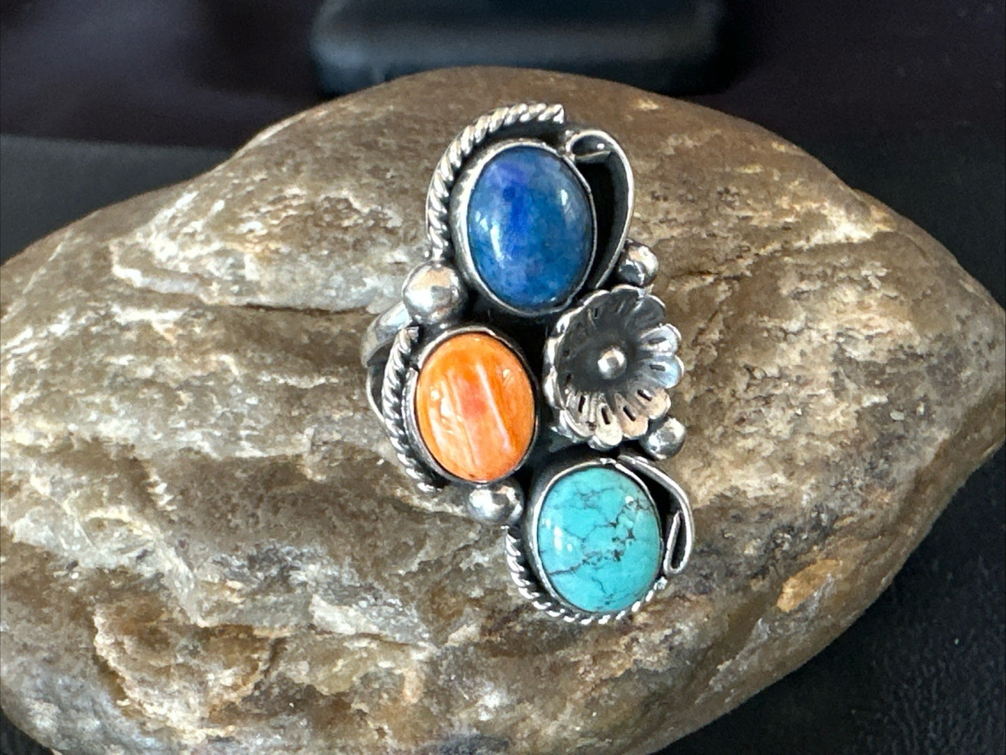 Multicolor Ring Turquoise Spiny Navajo Sterling Silver Cluster Size 8 19186