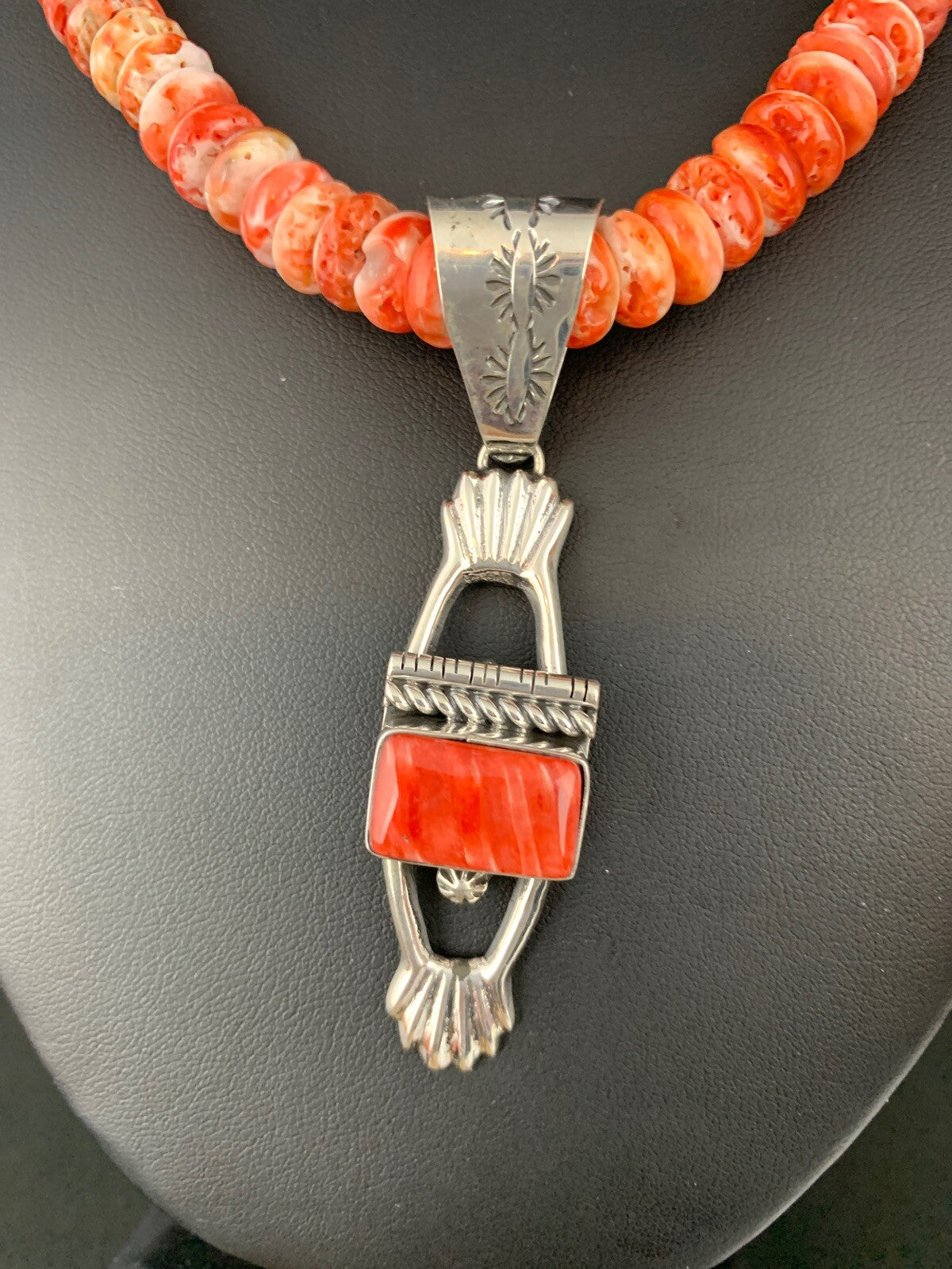 Mens Red Spiny Oyster Pendant Navajo Pearls Sterling Silver Necklace 18359