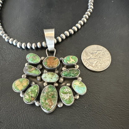 Green Sonoran Gold Turquoise Navajo Sterling Silver Cluster Pendant 19300