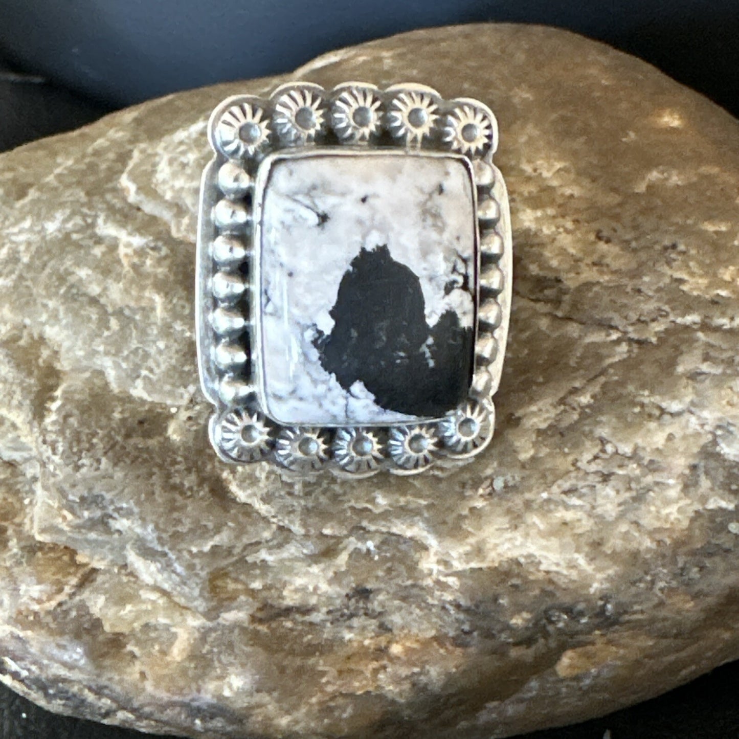 White Buffalo Turquoise Navajo Sterling Silver Ring Size 8 18775