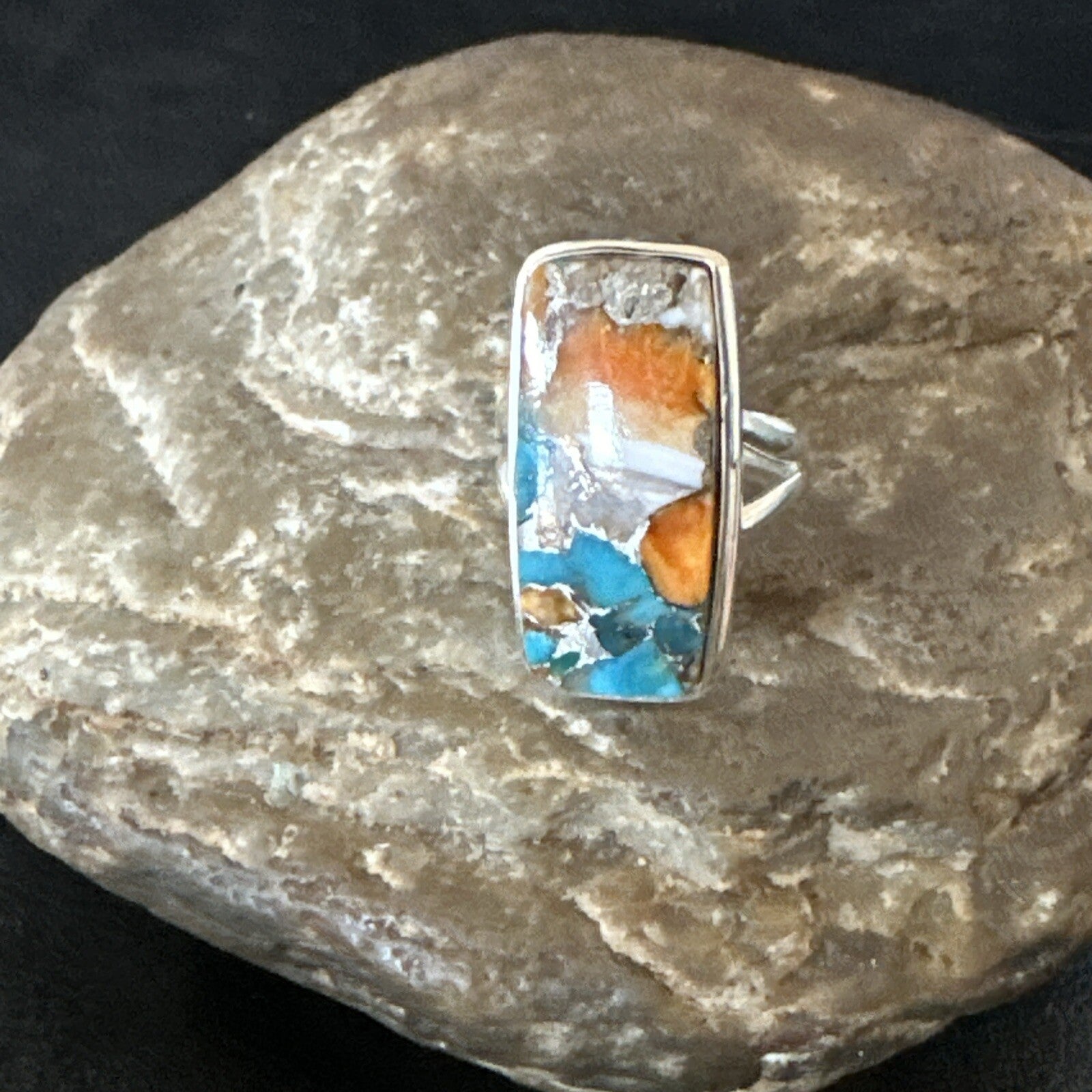 Blue Turquoise Spiny Oyster Southwestern Sterling Silver Ring Size 6 18513