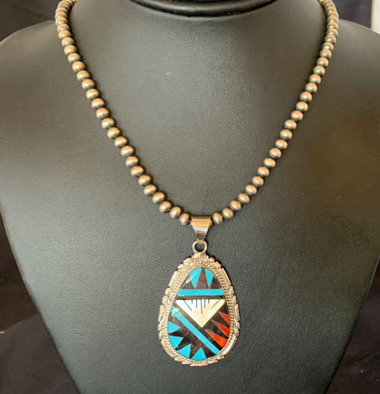 Turquoise Mother Of Pearl Coral Onyx Pendant Zuni Sterling Silver Necklace 12260