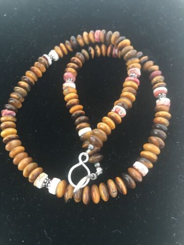 Mens Tiger Eye & Spiny Oyster Navajo Pearls Sterling Silver Necklace 19” 03340