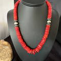 Red Bamboo Coral Navajo Bead Necklace 19" | Sterling Silver | Authentic Native American Handmade | 19227
