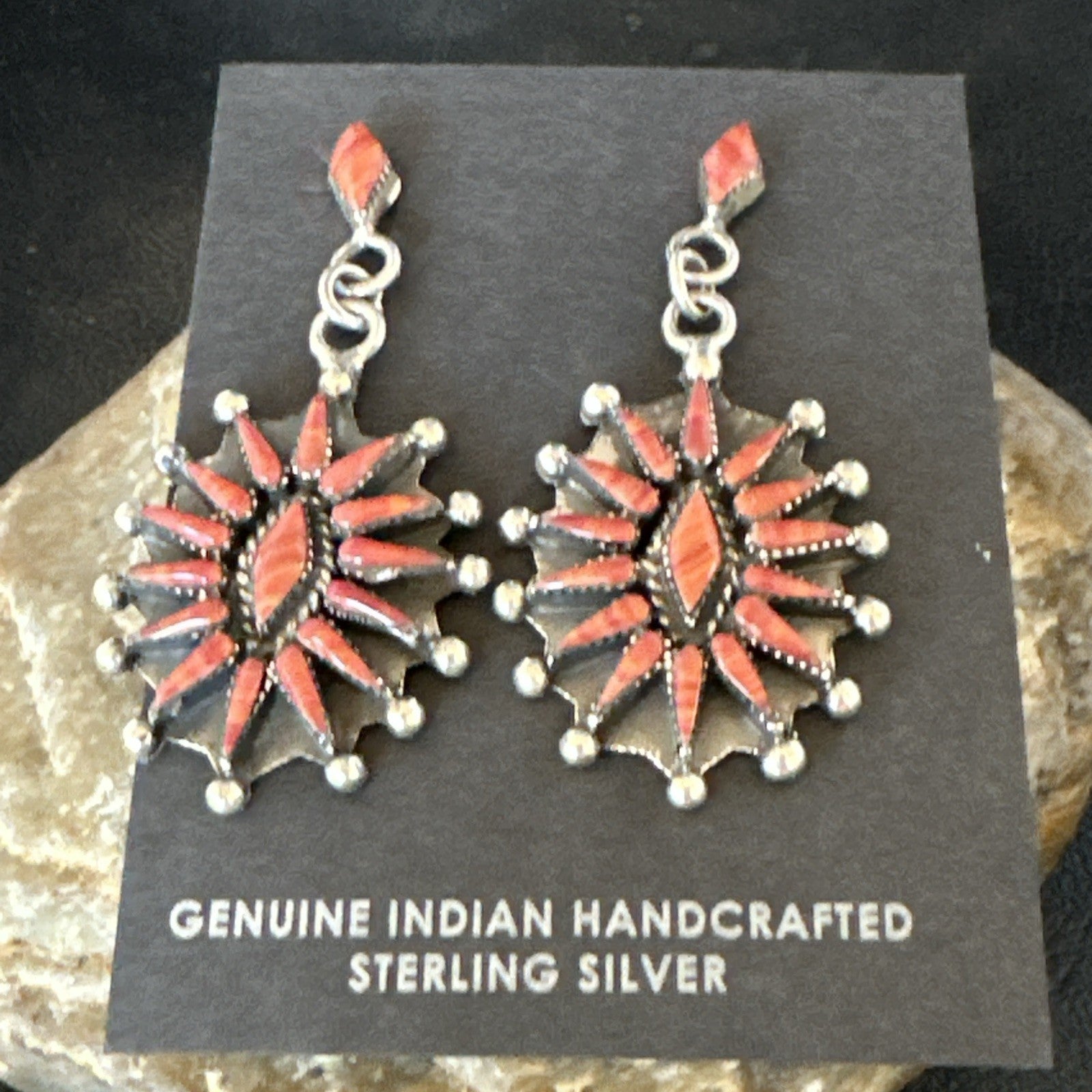 Red Coral Needlepoint Zuni Sterling Silver Dangle Earrings 19100