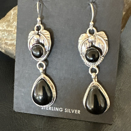Black Onyx Navajo Sterling Silver Dangle Earrings 1.5" 18287