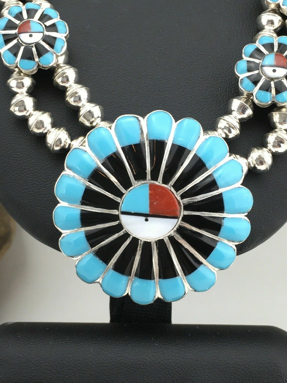 Sun Face Turquoise Inlay Zuni Sterling Silver Squash Necklace & Earrings 01308N