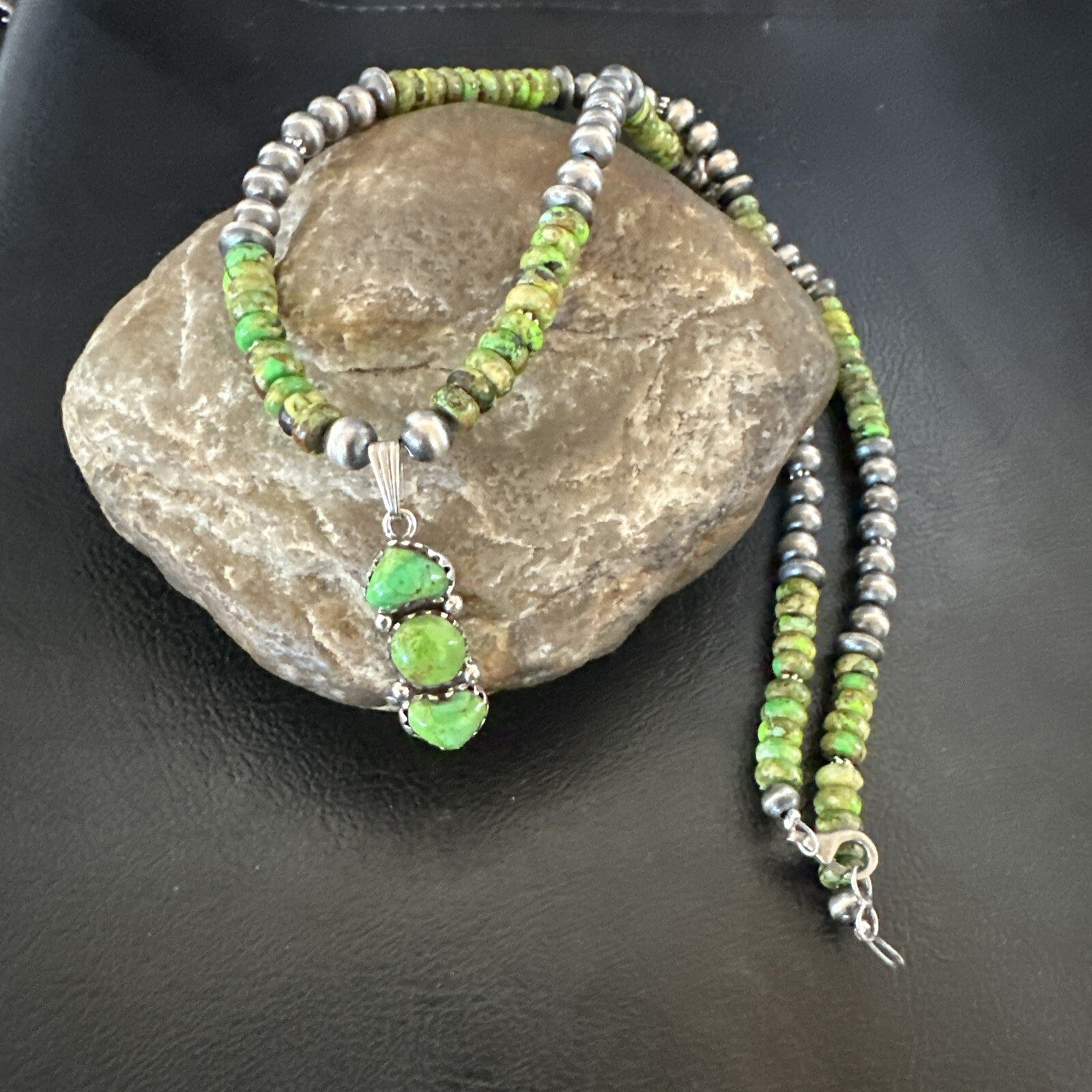 Womens Green Gaspeite Turquoise Pendant Navajo Sterling Silver Necklace 18388