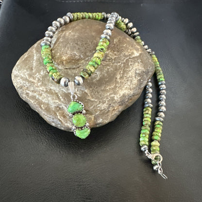 Womens Green Gaspeite Turquoise Pendant Navajo Sterling Silver Necklace 18388