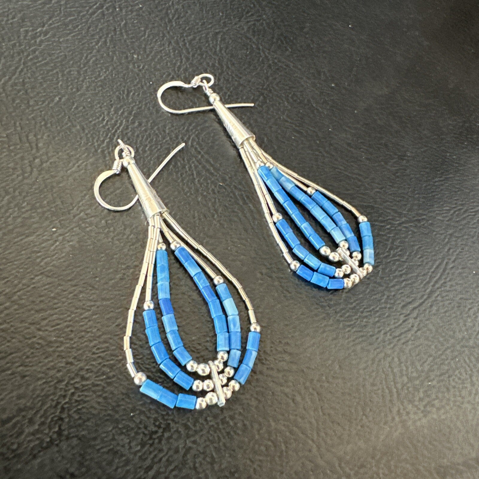 Blue Denim Lapis 3S Heishi Liquid Sterling Silver Dangle Earrings 18098