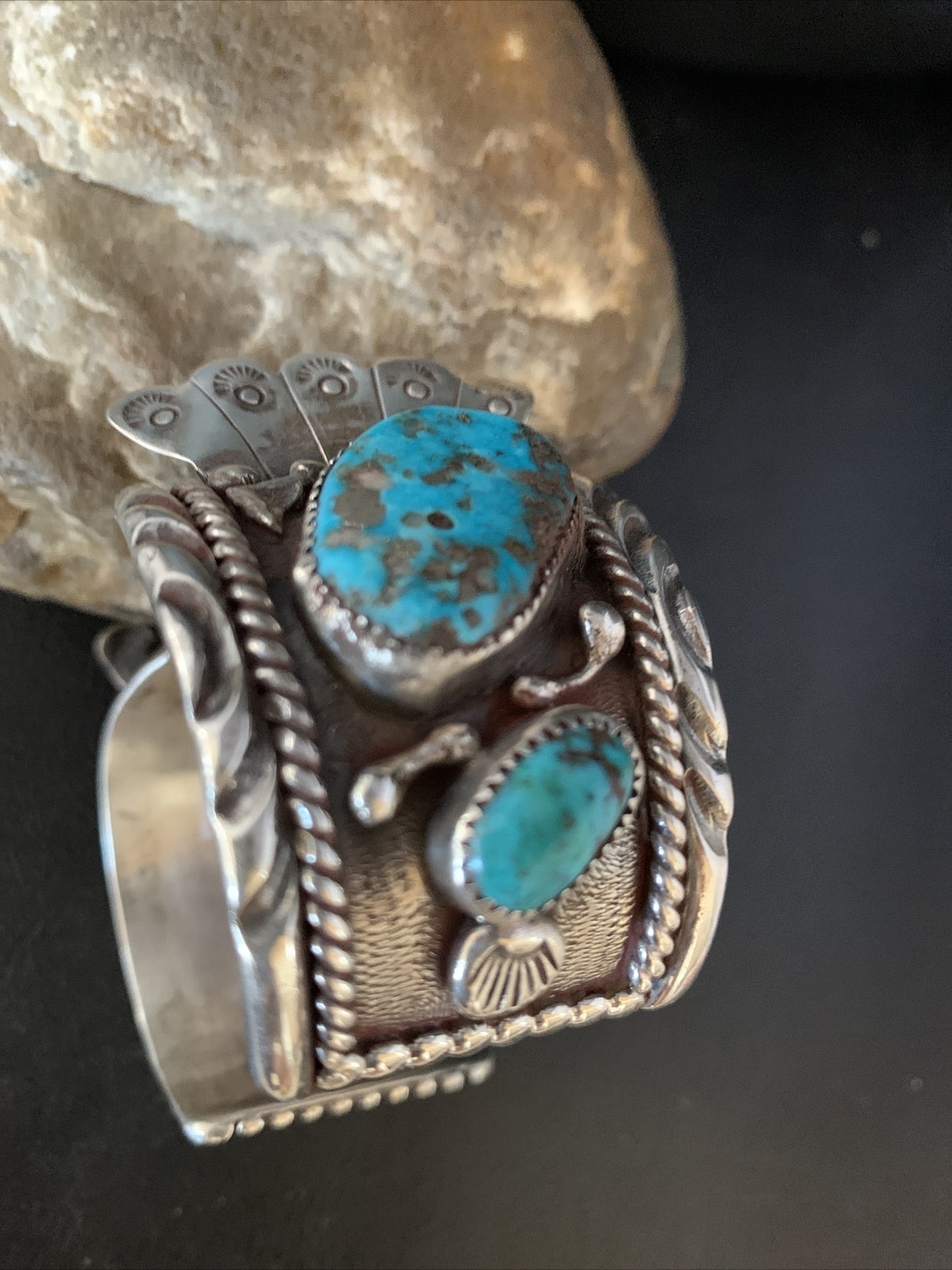 Mens Watch Navajo Sterling Silver Blue Kingman Turquoise Cuff Bracelet 01635