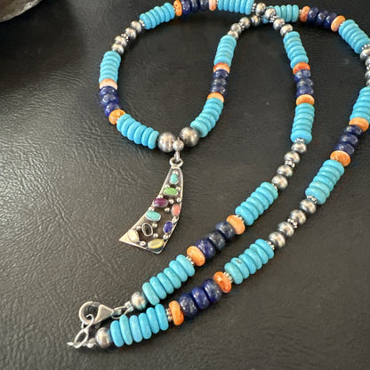 Multicolor Turquoise Spiny Navajo Sterling Silver Cluster Pendant Necklace 19650