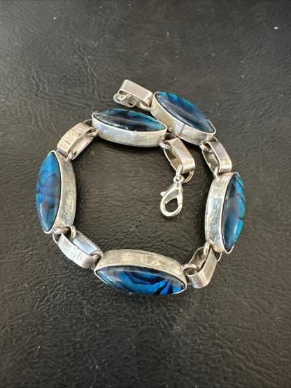 Women Old Pawn Blue Pava Shell Navajo Sterling Silver Link Bracelet 8” 19799