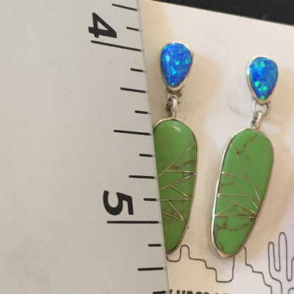 Green Gaspeite Opal Navajo Sterling Silver Inlay Earrings 1.25" 19177