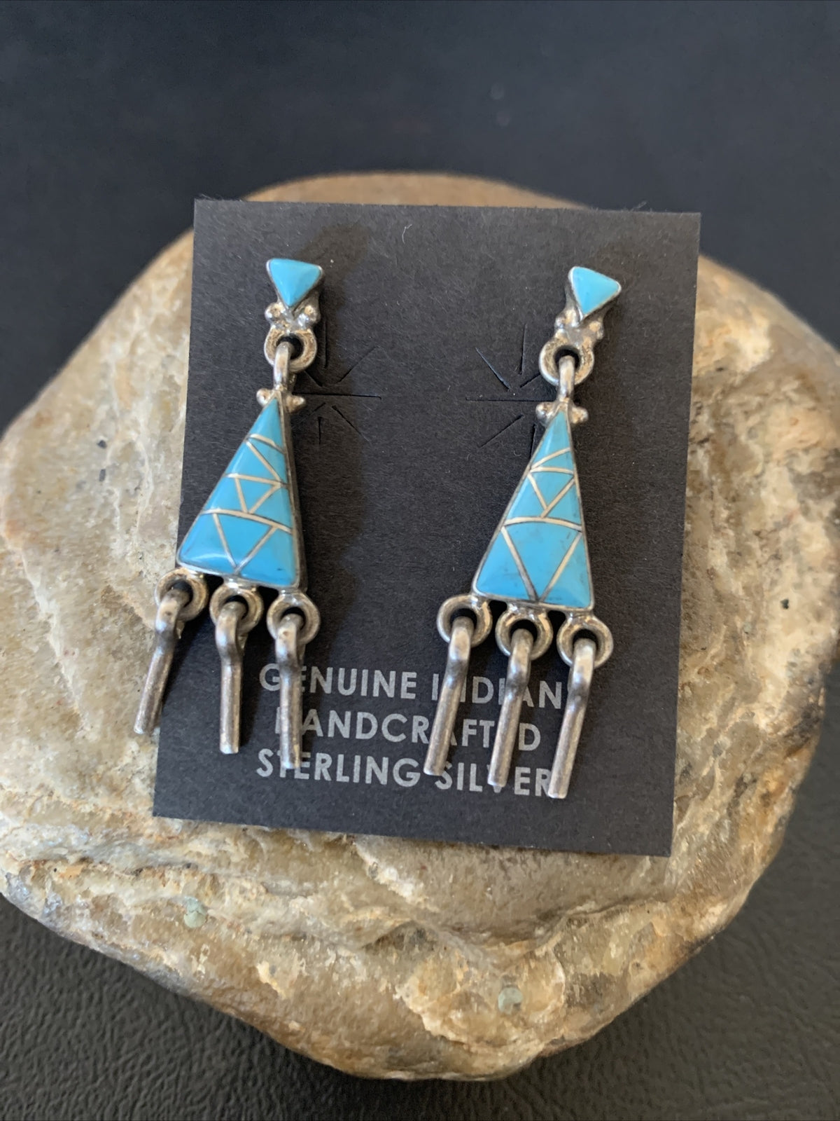 Blue Turquoise Inlay Zuni Sterling Silver Dangle Post Earrings 1.5" 12745