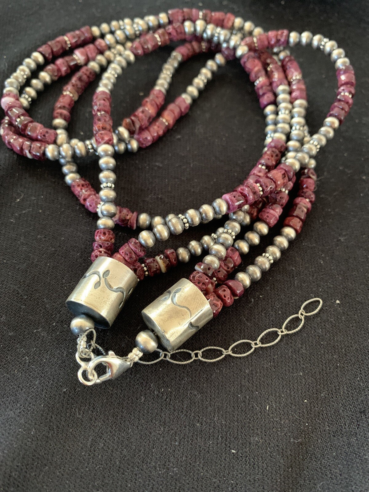 Native Navajo Sterling Silver 3 Strand Purple Spiny Oyster Necklace 22” 10115